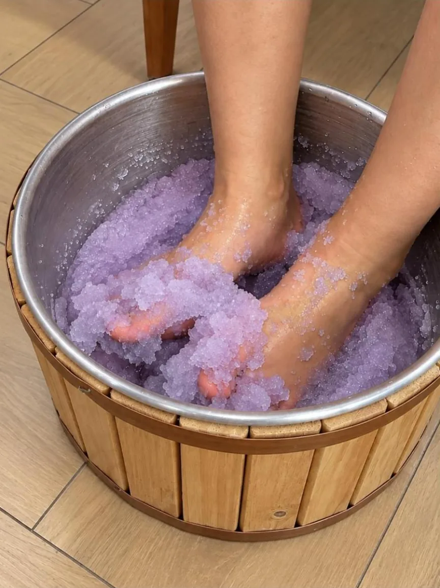 Pés no Jelly Spa lilás, em bacia de madeira